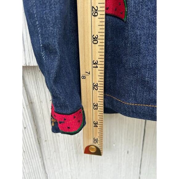 Unique‎ Vintage Denim Overall Dress Watermelon Embroidered Adjustable Strap Sz M - Picture 7 of 9
